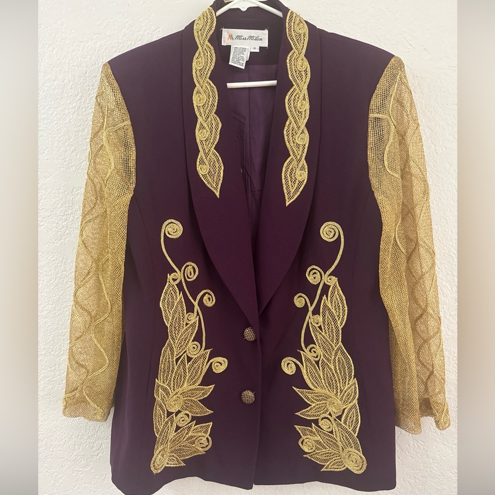Miss Milan Purple Blazer Gold Lace Embroidery Gold Mesh Sleeves Jacket Vintage